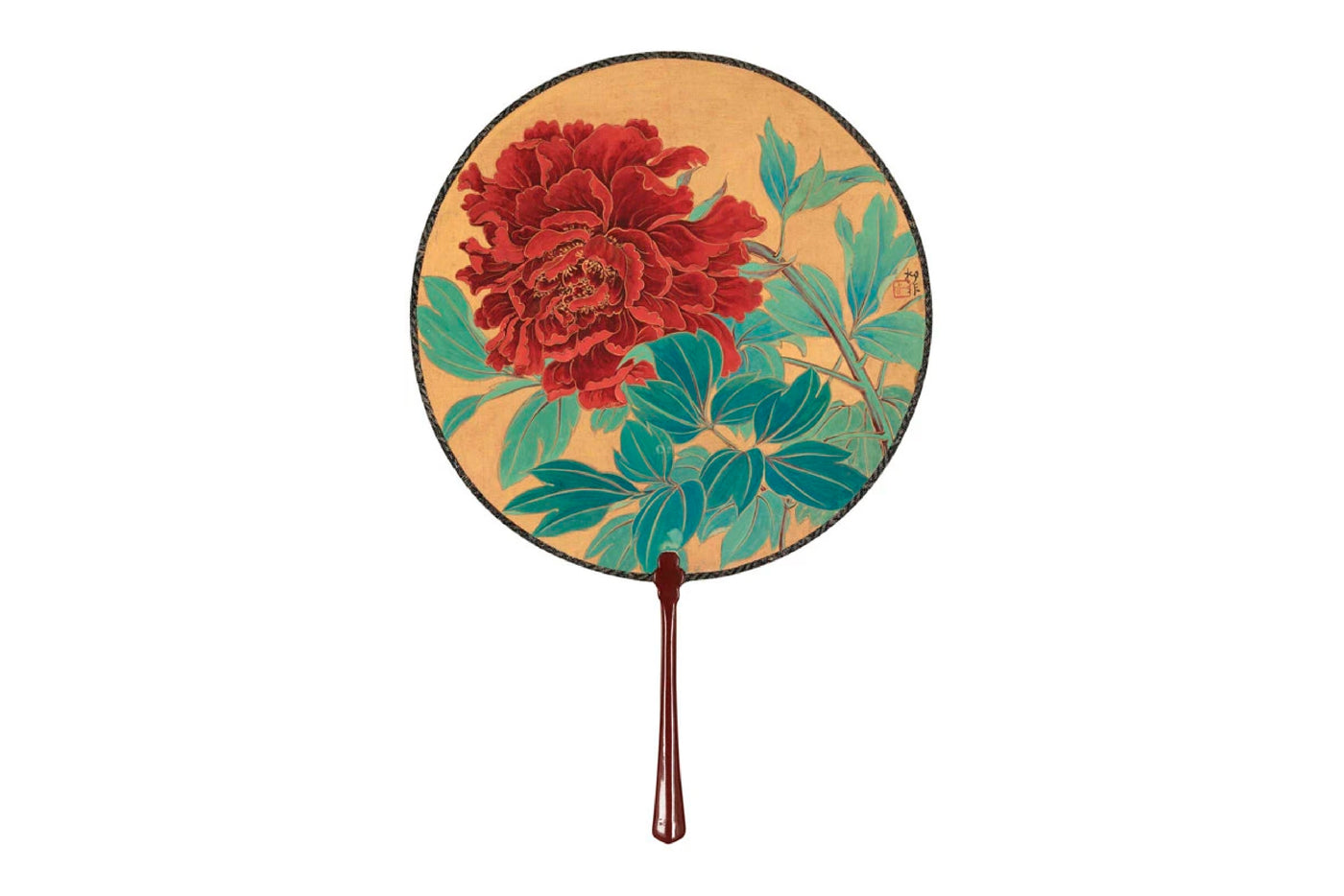 Round hand fan painted with a red flower and teal leaves