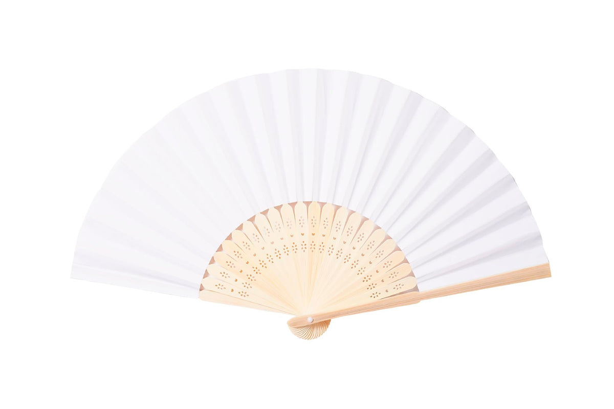 White folding hand fan with pale wooden ribs