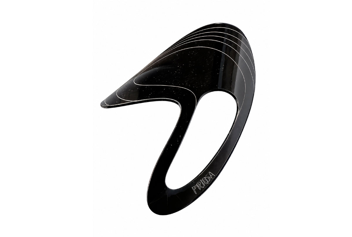 Black PRIMA acrylic hand fan on a light background