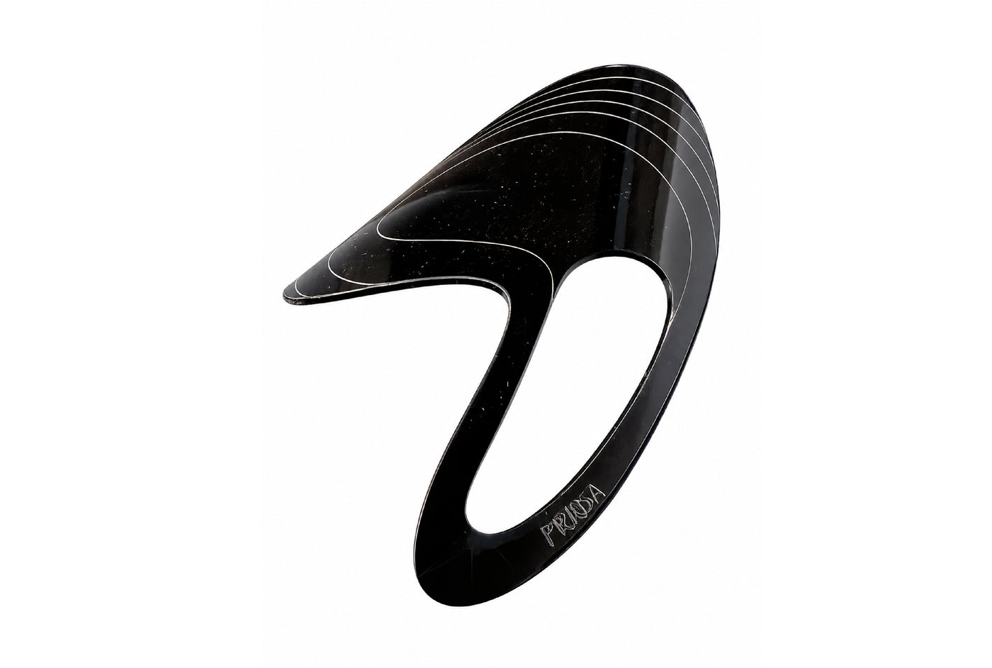 Black PRIMA acrylic hand fan on a light background